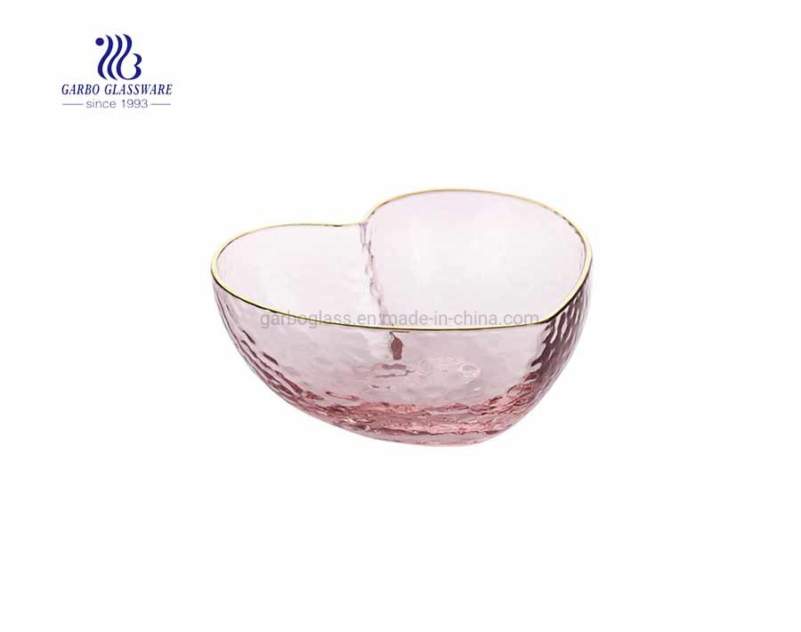 Elegant Hand Made Heart Shaped Bowl Glass Fruit Salad Bowl with Gold Rim