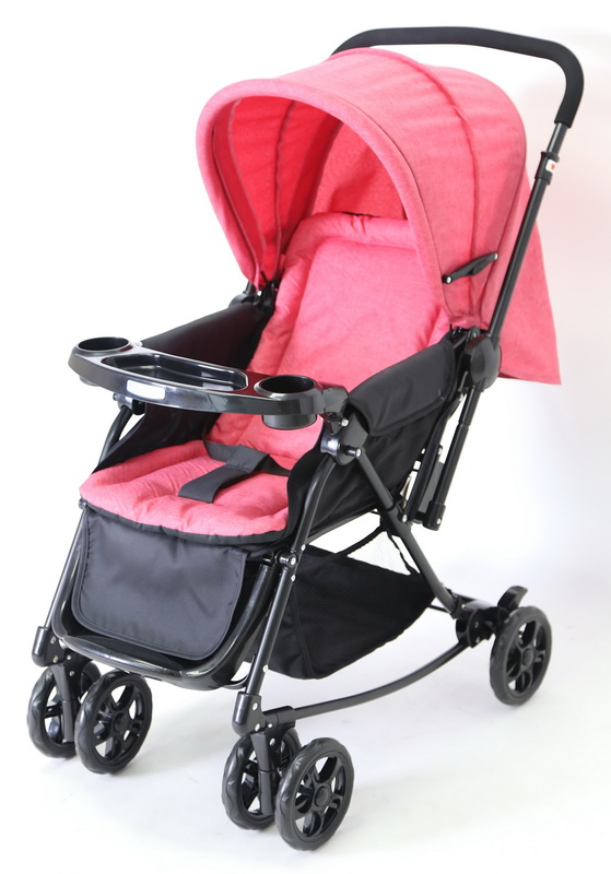 Red Pink Reverse Baby Stroller with Tray Folding Portable Baby Stroller