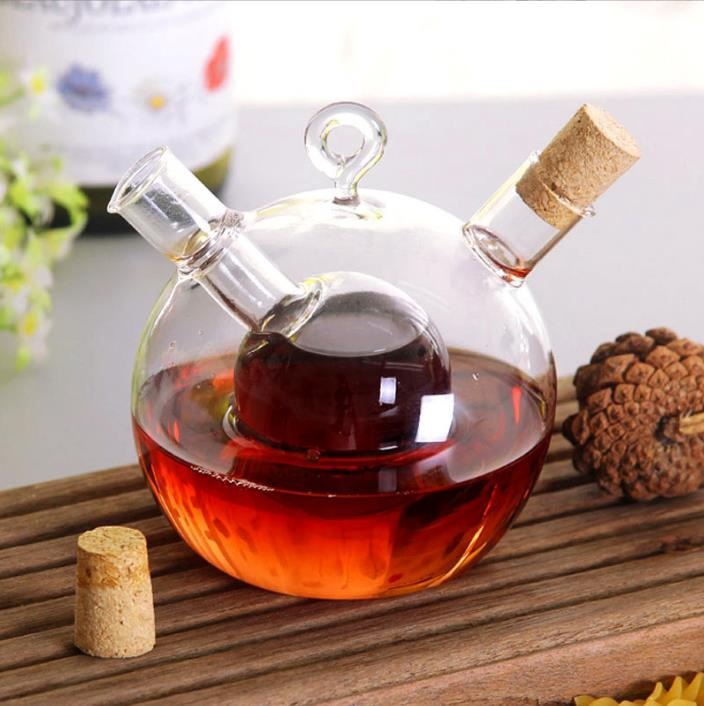 Kitchen Glassware 2-Outlet Round Borosilicate Glass Olive Oil Jar Vinegar Bottle Pot Kitchen Sauce Dispenser