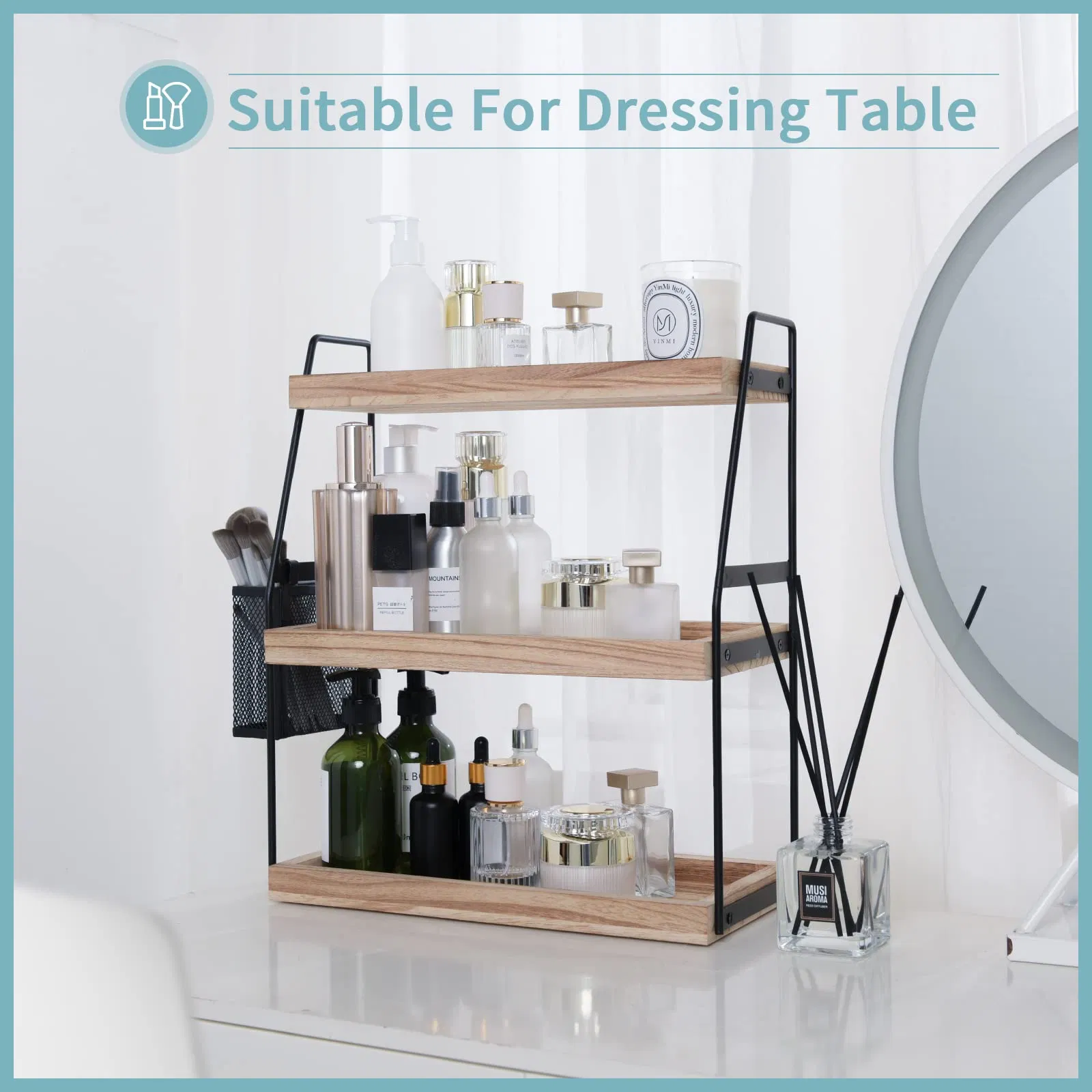 Bathroom Organizer Countertop 2-Tier Standing Counter Wood Tray for Kitchen Vanity Organizer