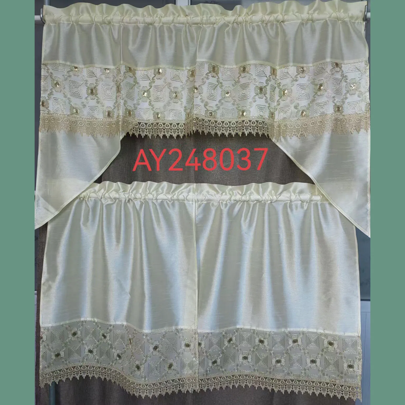 Gold Sequins Diamond Grid Embroidered Kitchen Curtain