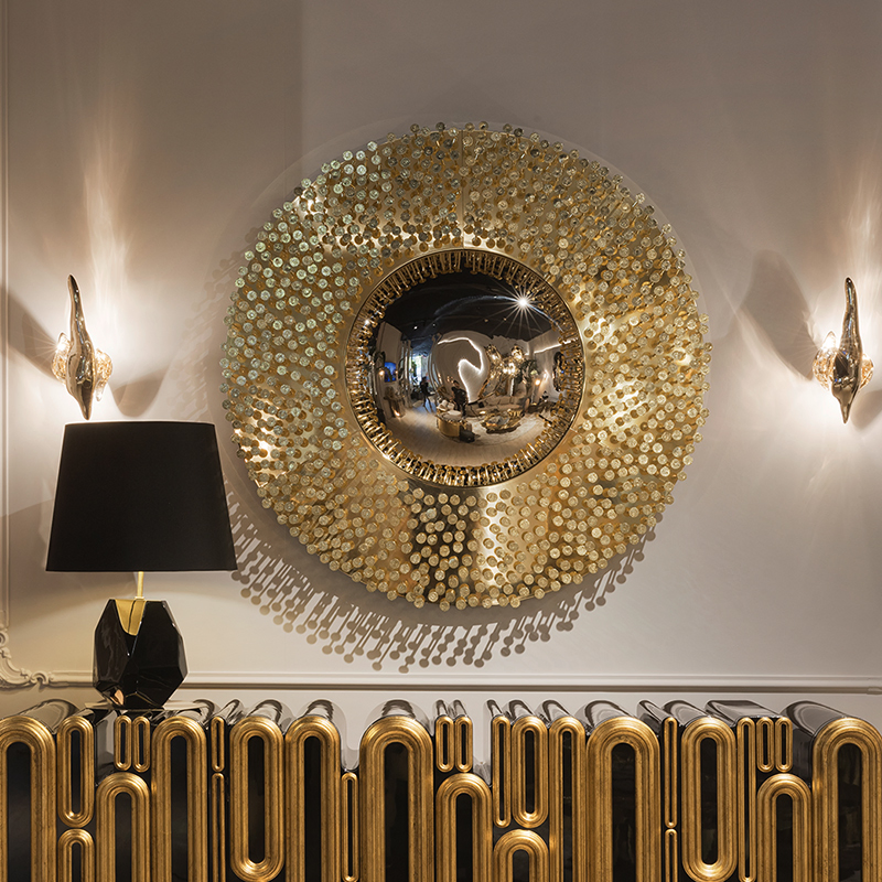Luxury Gilded Circular Floral Sunburst Wall Mirror for High-End Villa Entry Way
