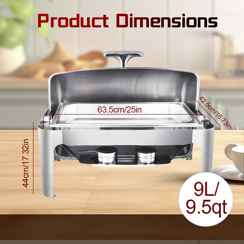 Daosheng 9L Stainless Rectangular Chafer Buffet Food Warmer Oblong Roll Top Chafing Dish Set