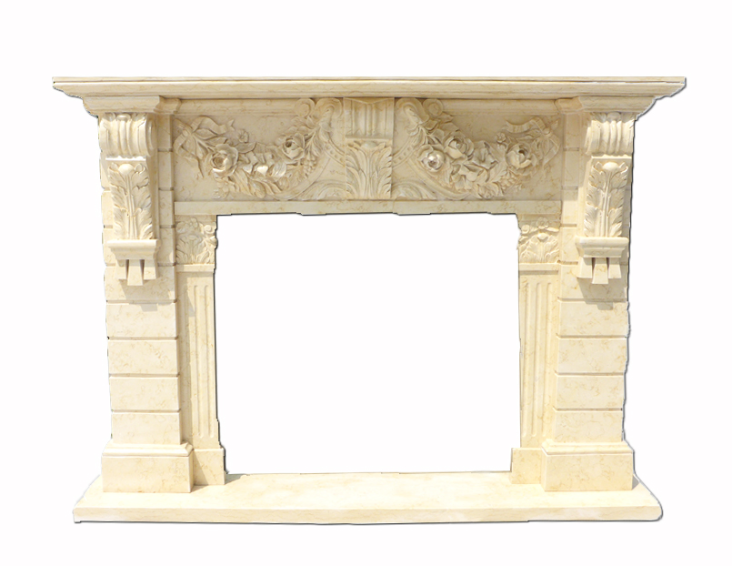 China Beige Travertine Stone Surround Mantel Carving Fireplace