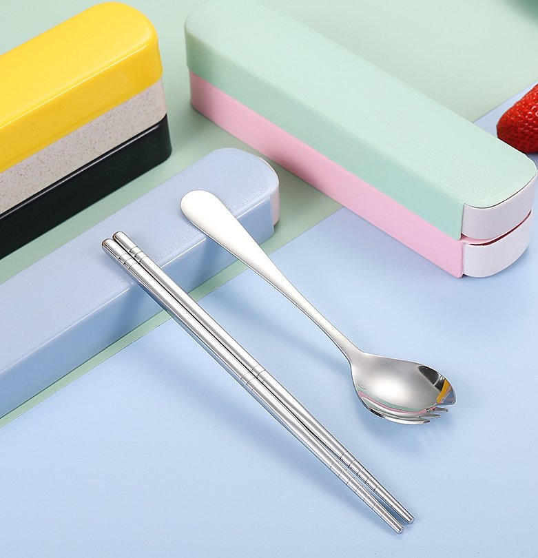 Eco Friendly Stainless Steel Chopsticks Spoon Set Student Travel Portable Flatware Set Case Gifts
