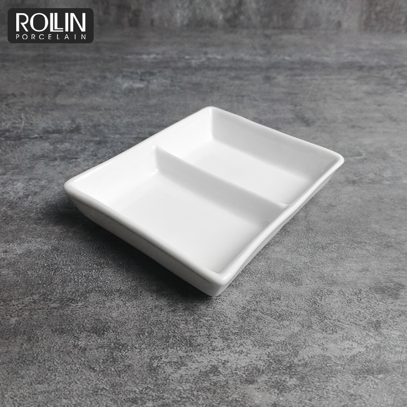 Hot Sale Porcelain Japanese Rectangular Divided Sauce Dish