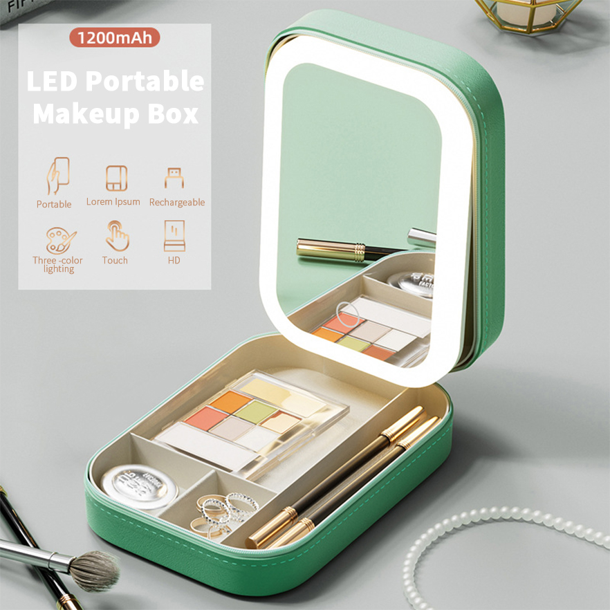 Vanity Leather Cosmetics Set Box for Women Compact Rechargeable Mirror with LED Makeup Mirror