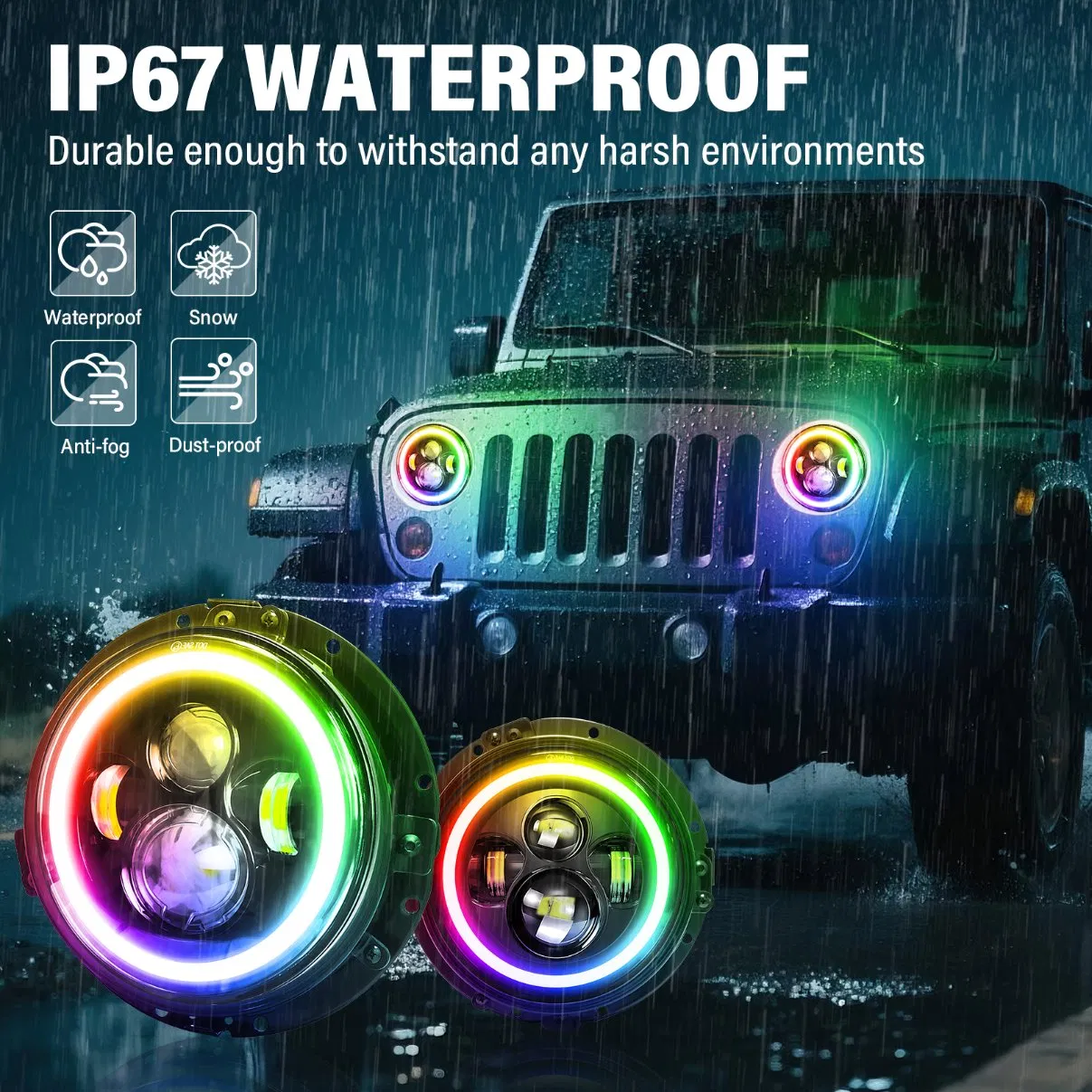 RGB LED Headlight Kit for Wrangler JK with Bluetooth App Control & Bracket