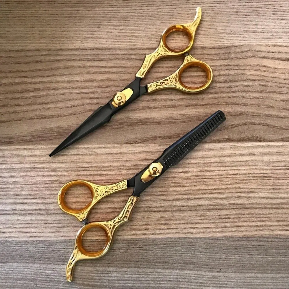 6 Inch Professional Barber Hair Scissors Black and Gold Scissor