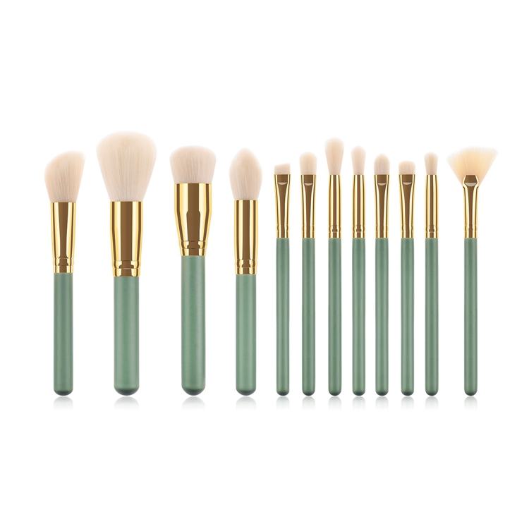 Private Label Low MOQ 12PCS Vegan Synthetic Hair Fresh Green Makeup Brush Set