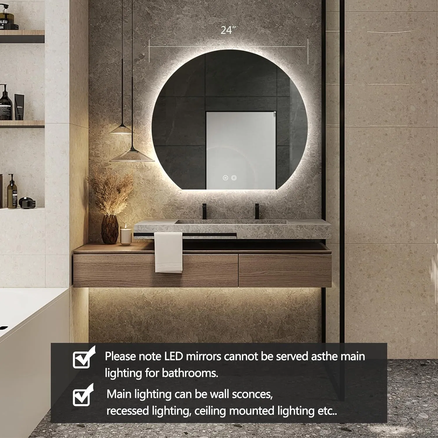 Modern LED Bathroom Wall Mirror, 24" Anti-Fog, Dimmable