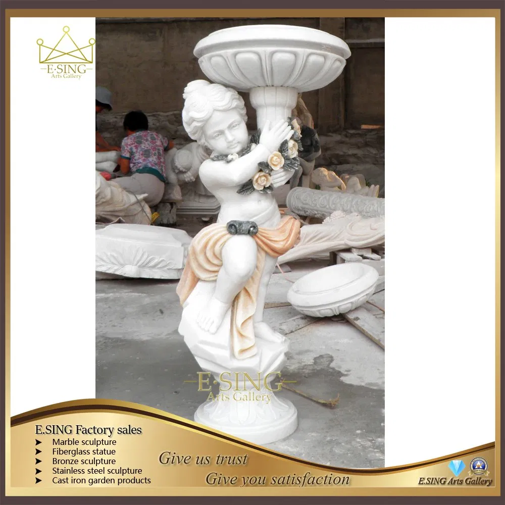 Outdoor Park Garden Natural Stone Hand Carved Flowerpot Large Marble Planter Pot with Baby Girl Statue