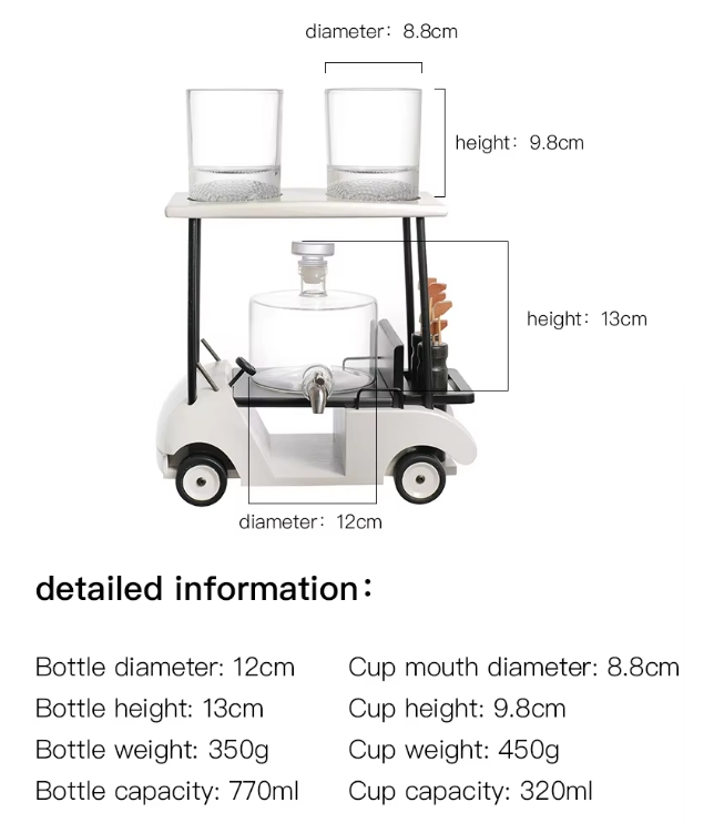 Golf Whiskey Tumblers Premium Gift for Men High Borosilicate Glass Modern Car Decanter Set with 26oz 2 Whiskey Glasses