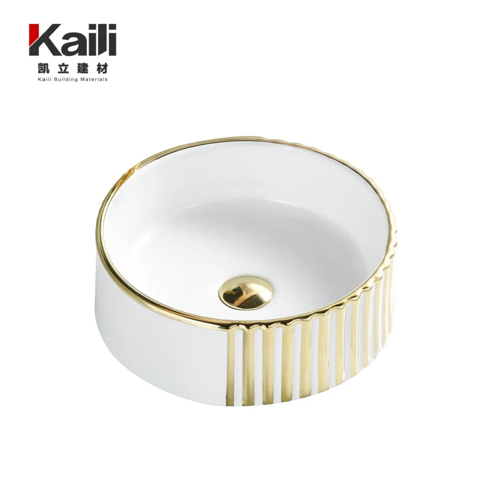 Раковина для ванной керамическая бело-золотая, накладная