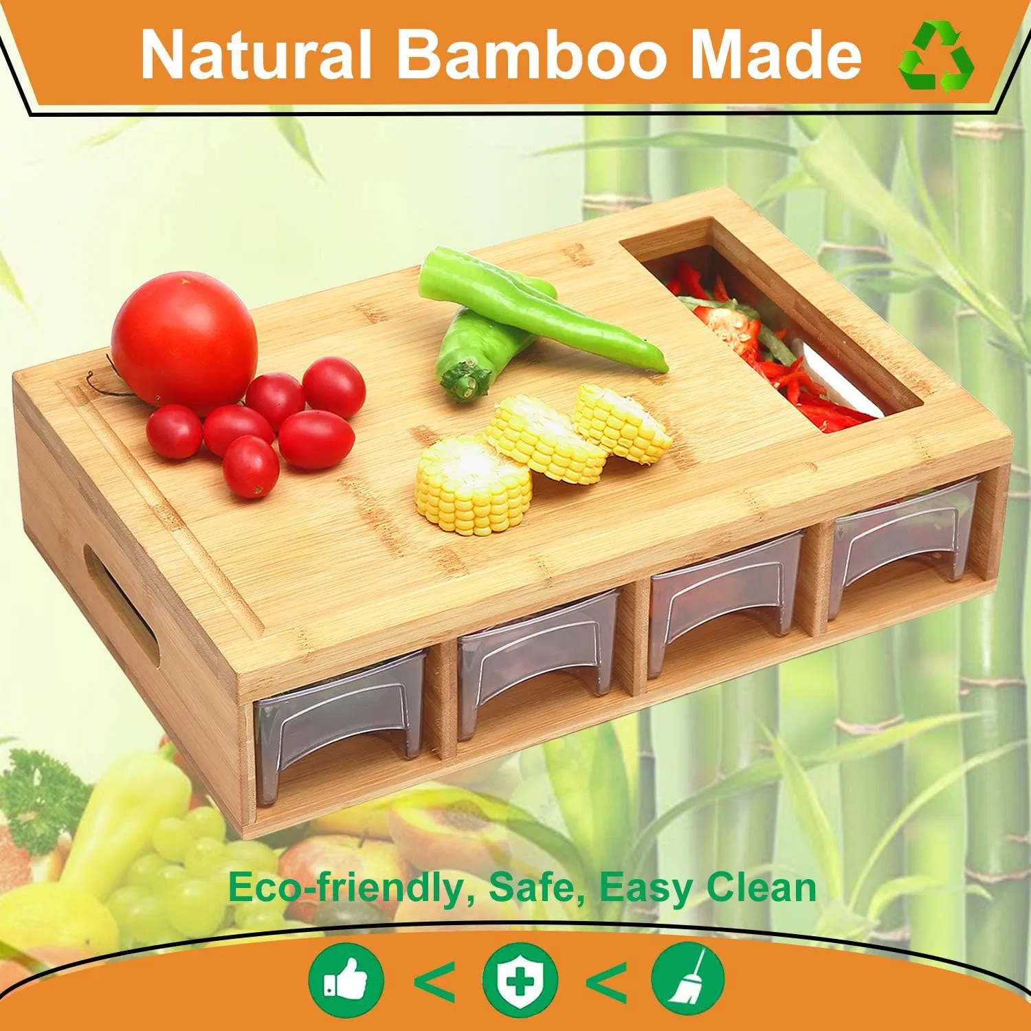 Bamboo Cutting Board with Storage Containers Large Chopping Board with Trays