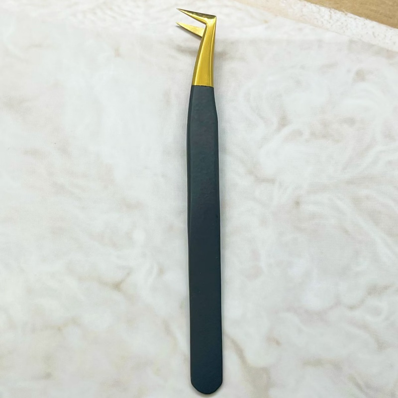 Golden Tip High-Precision Black Ergonomic Blossom Eyelash Extension Lash Stainless Steel Tweezers