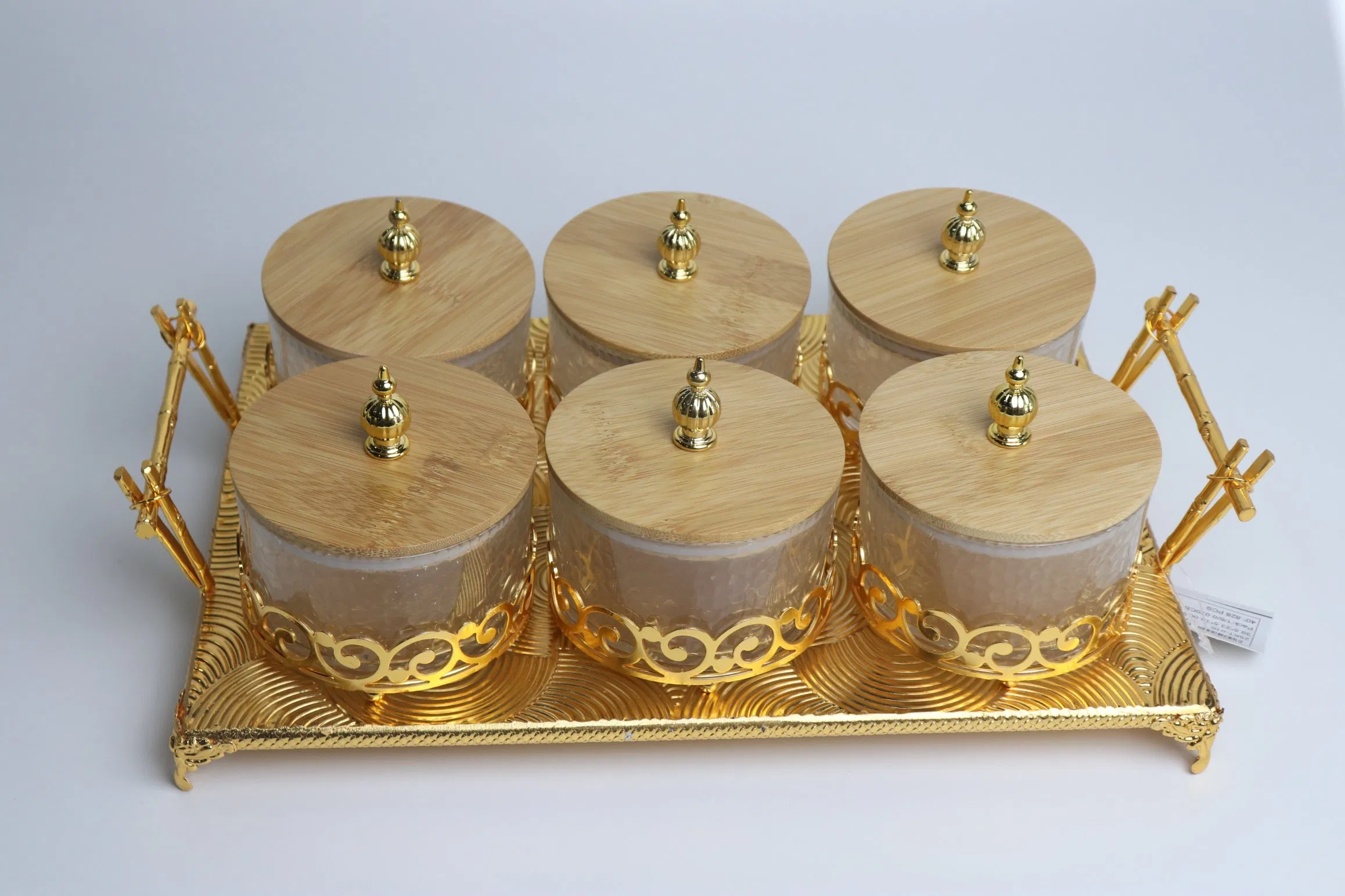 Home and Kitchen Supplies Gold-Plated Iron Frame with 6 Glass Jars Set
