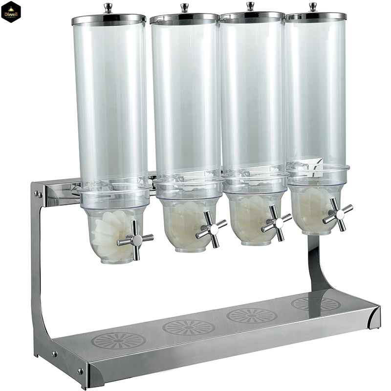 China Supplier New Bar Hotel Buffect Classic Plastic Clear 4 Head Tanks Stainless Steel Stand Container Storage Set Rice and Cereal Dispenser for Sale