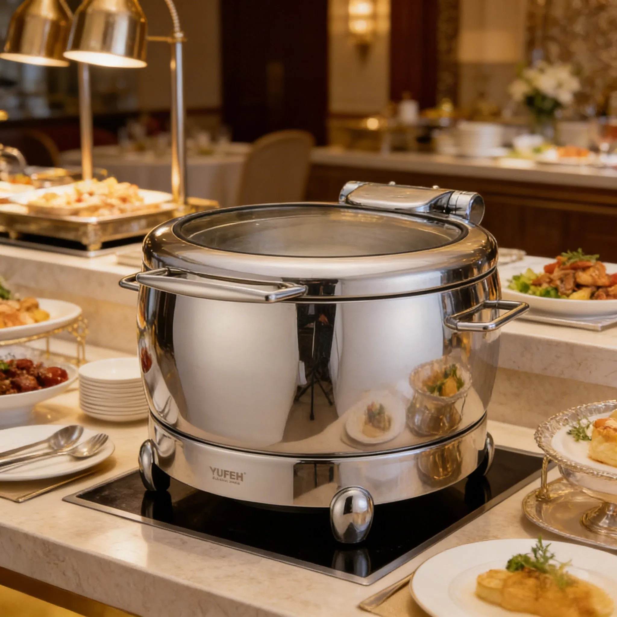 Yufeh Commercial Stainless Steel 10L Chafing Dishes Buffet Soup Food Warmer with Hydrauli Glass Lid Food Warmer Display
