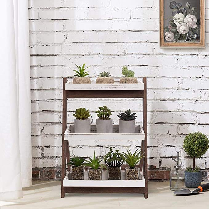 Vintage White Burnt Brown Wood Freestanding Display Shelves Flower Stand Plant Shelf