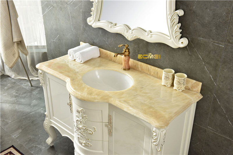 Romantic Single Marble Sink Eco-Friendly Lacquer and Solid Wood Construction Antique Bathroom Vanity Cabinet