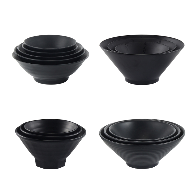 Wholesale Plastic Black Melamine Stripe Reman Bowl Matte Dinner Noodle Bowl Restaurant