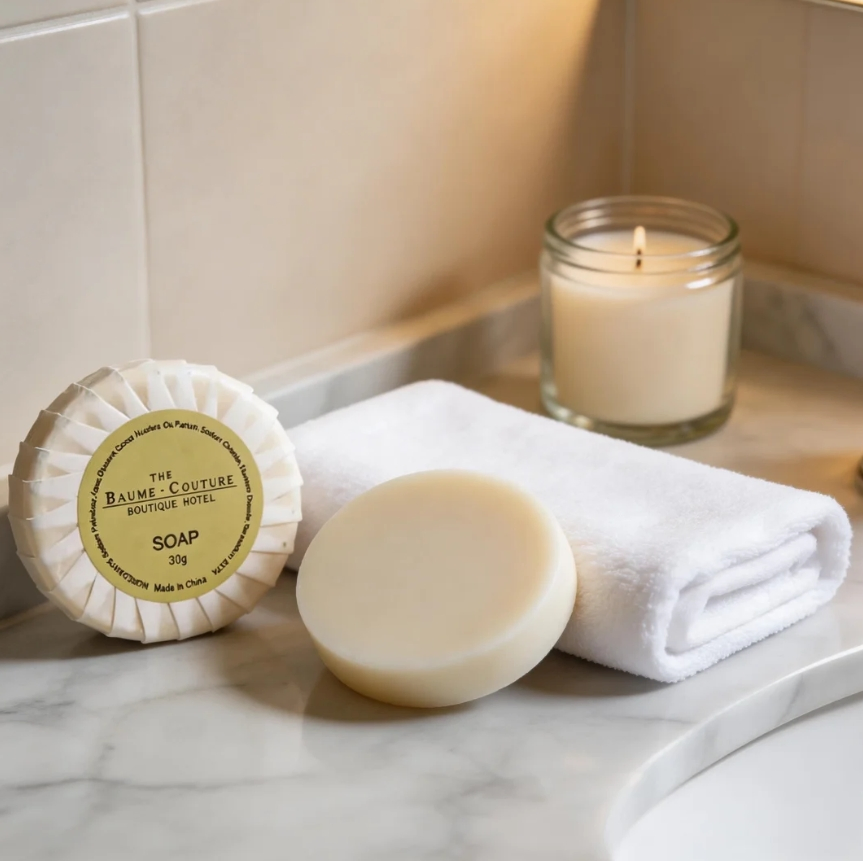 30g Round Hotel Soap with Laminated Paper Packaging and Custom Label