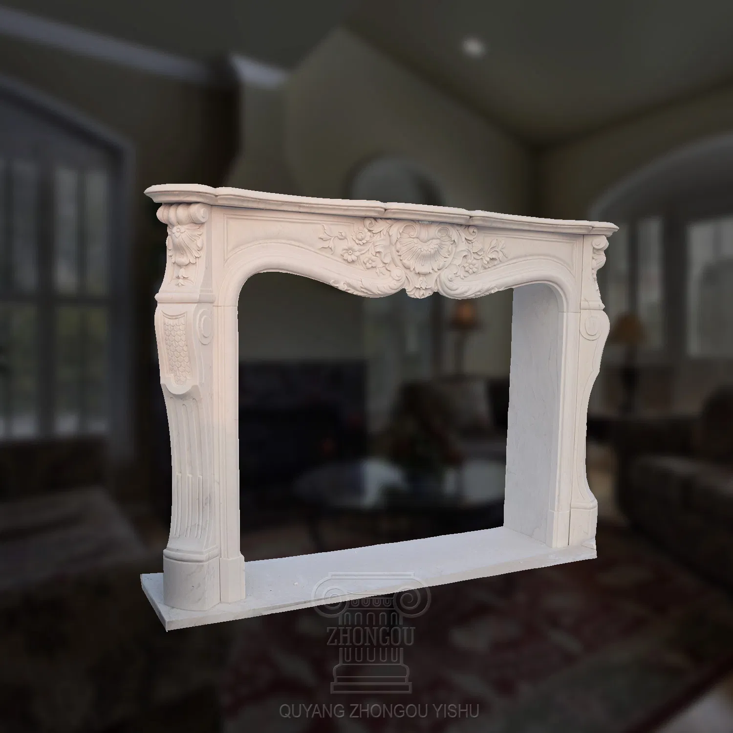 Carved White Marble Fireplace with Patterns for Indoor Room Decoration