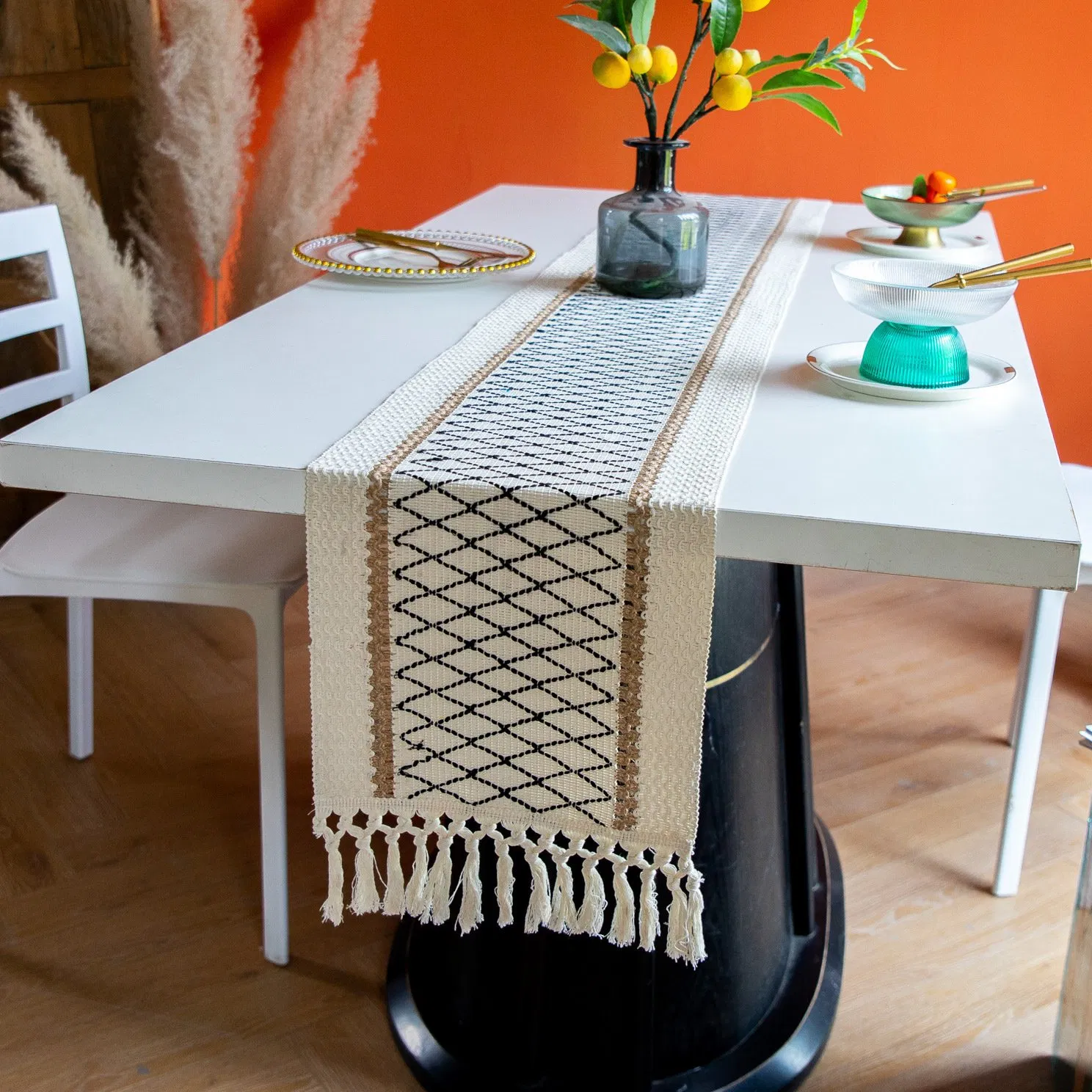 Xinlan Colorful Cotton Linen Table Runner Ethnic Style Handwoven Fringe Tea Table Decor Boho Home Dining Accessory