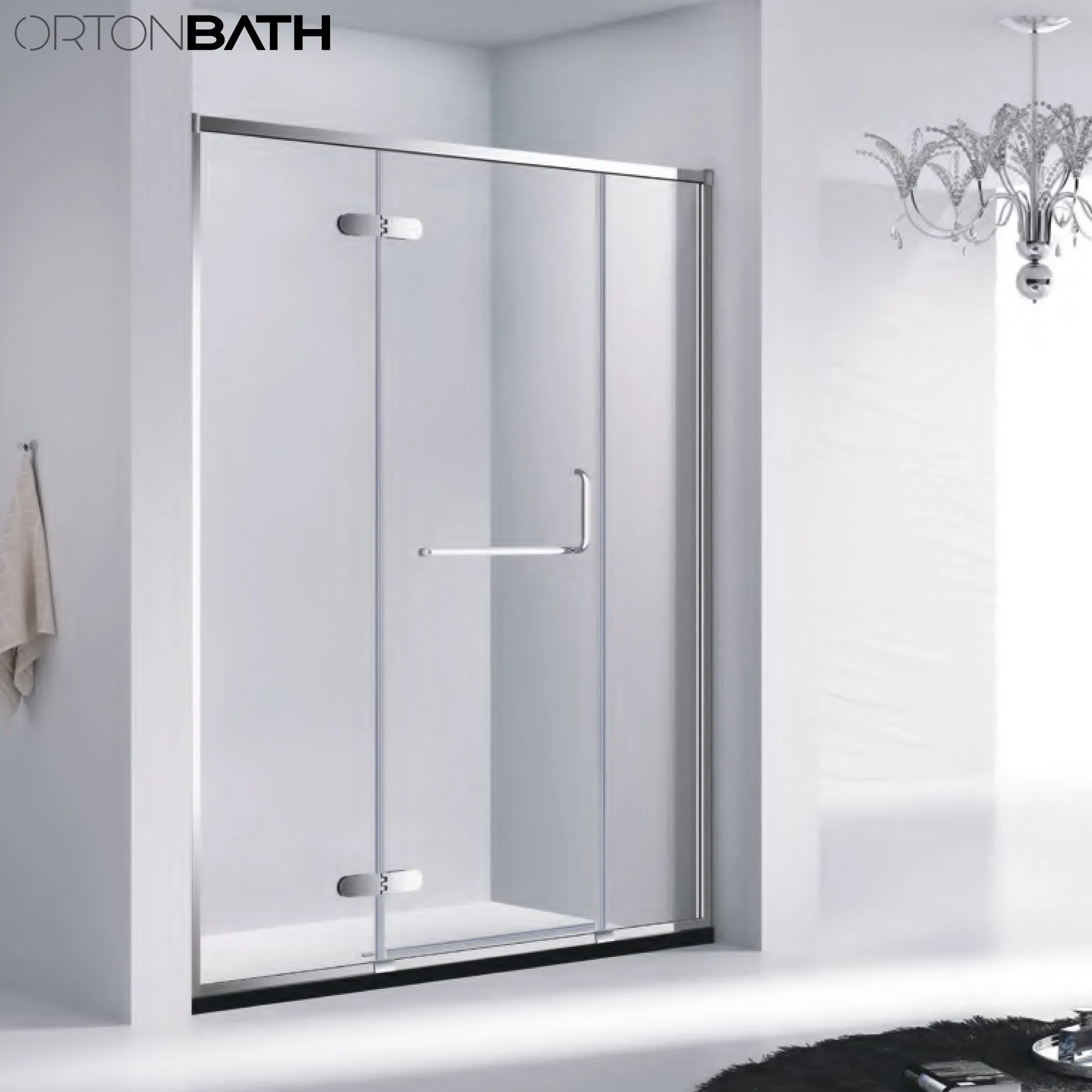 Ortonbath CE Certified Clear Transparent Framed Pivot Silver Thick Customizable Tempered Glass Bathroom Shower Enclosure with Support Frame and Aluminum Profile