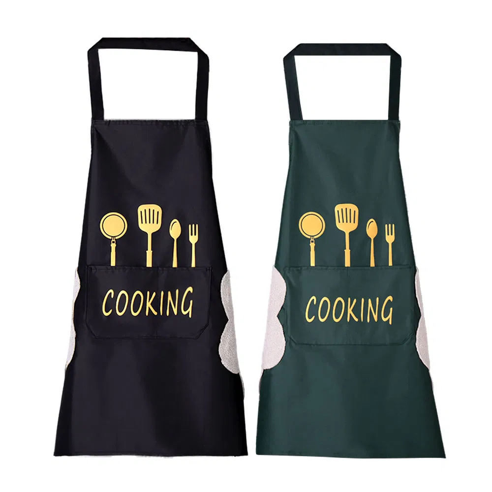 Custom Printed Logo Green Brown Black Cotton Polyester Apron with Hand Towel