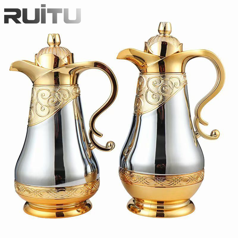 Dubai Luxury Gold Plated Insulated Vacuum Flask Thermos Glass Liner Inside Durable Drink Water Pots Cup Saucer Tea Sets Arabic Dallah Gift Set Arabic Coffee Pot