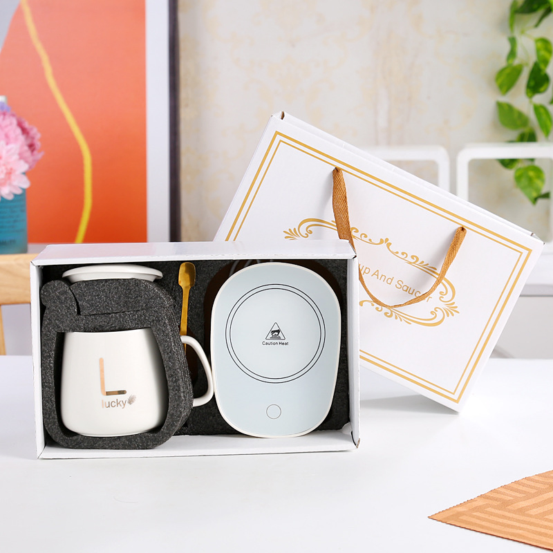 Electric Thermostatic Heating Pad Custom Porcelain 55c Coffee Tea Cups Ceramic USB Charging Smart Heated Mug Warmer with Spoon and Gift Box