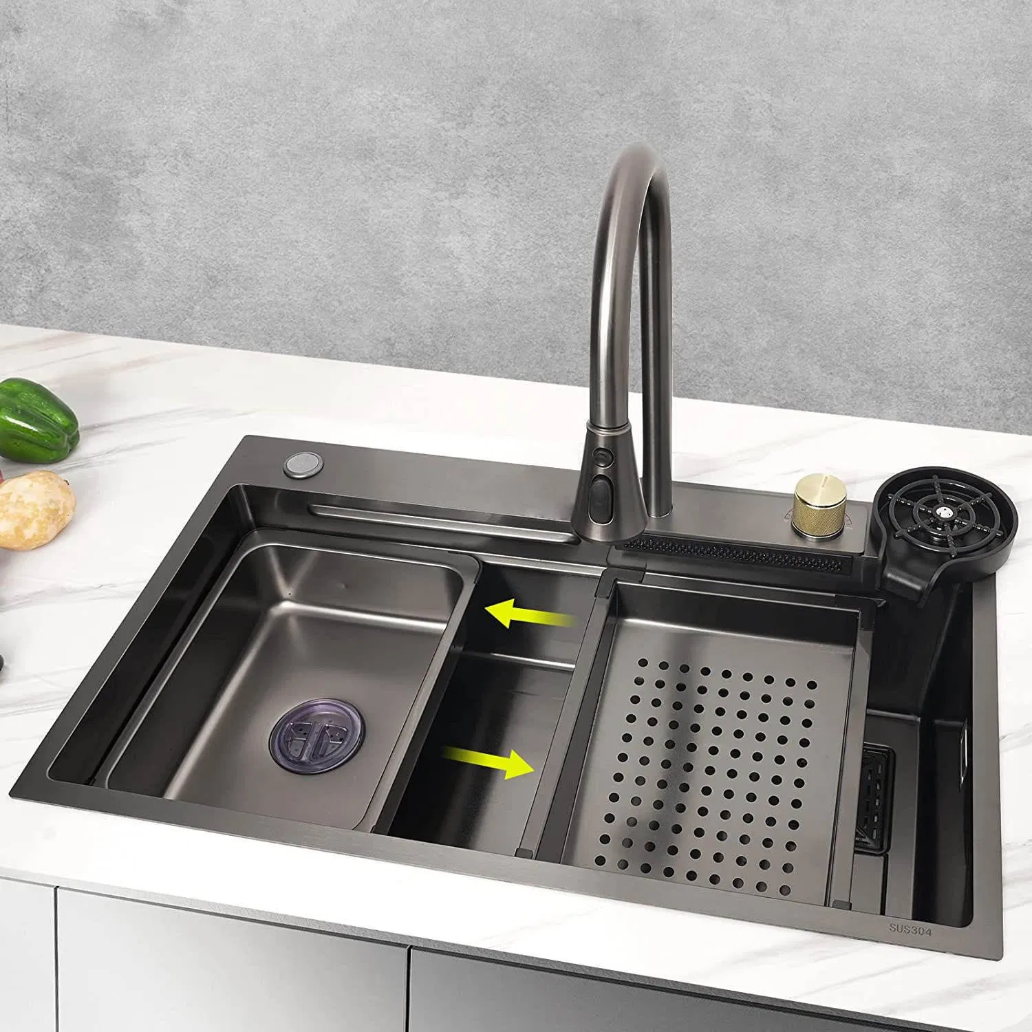 Multifunctional Rectangular PVD Black Digital Display Waterfall Handmade Stainless Steel Kitchen Sink