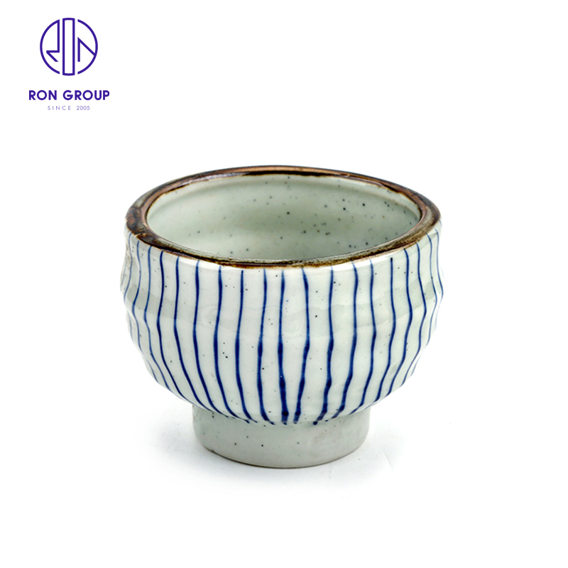 China Wholesale Ceramic Drinkeware Blue Vertical Stripes Tea Cup Water Mug Tableware for Hotel Restaurant Catering