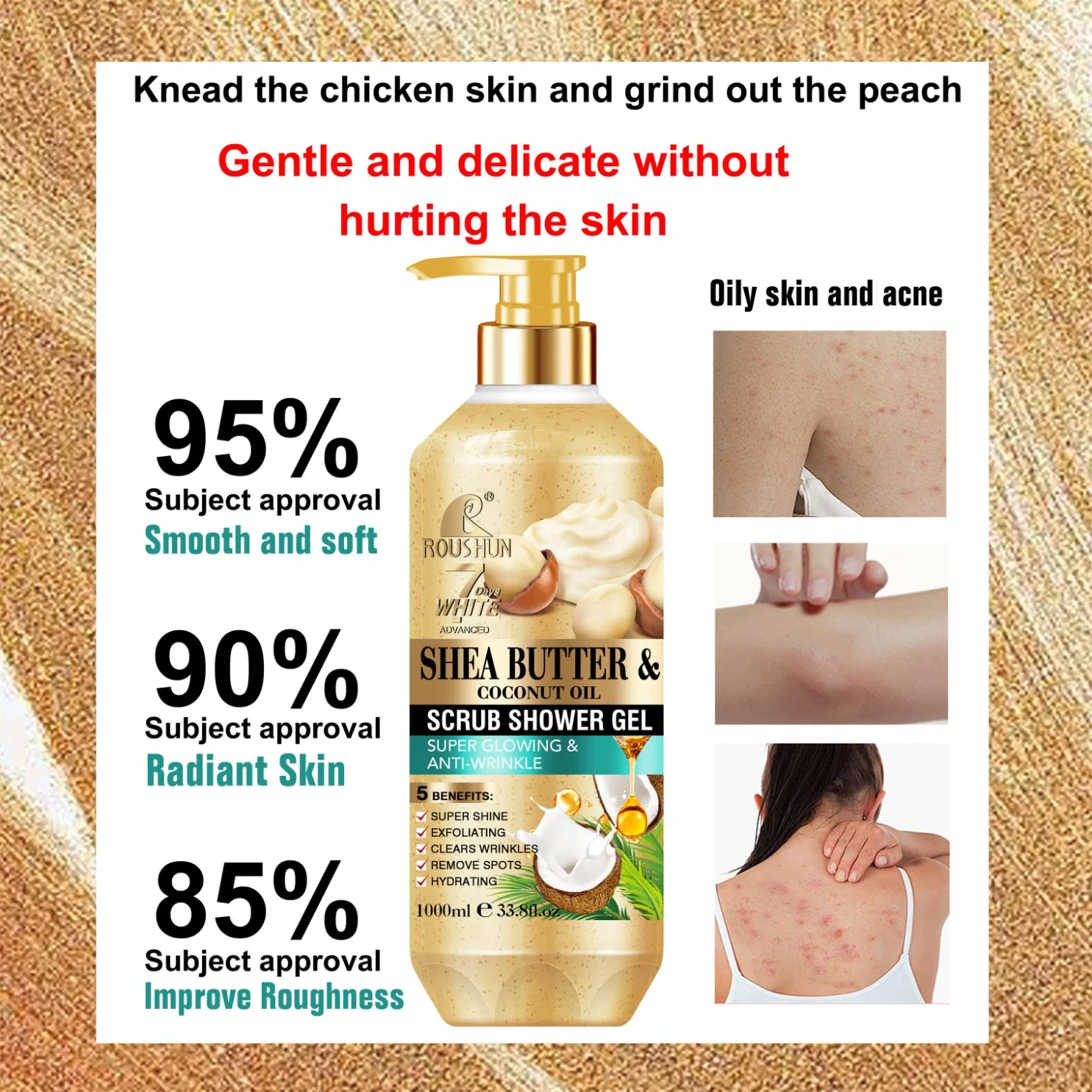 Roushun Shea Butter Nourishing Deep Cleansing Remove Acne Mites Fruity Scented Shower Gel for Smooth Body