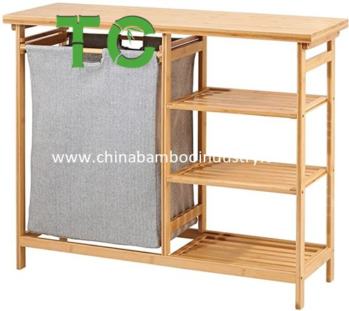 Two-Section Bamboo Laundry Basket Removable Bag and Shelf Wooden Bamboo Laundry Organizer Cabinet Laundry Hamper Sorter