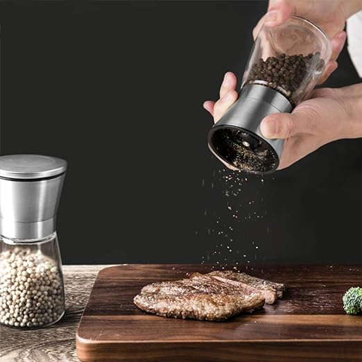 Fillable Stainless Steel Grinder Aadjustable Black Pepper Grinder, Long Lasting Fresh Keeping Spice Grinder Glass Salt and Pepper Grinder with Adjustable Coarse
