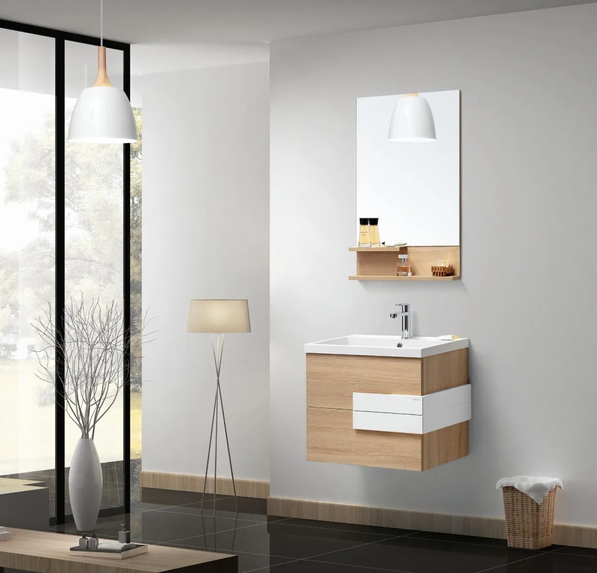 Современная раковина для ванной с зеркалом и тумбой