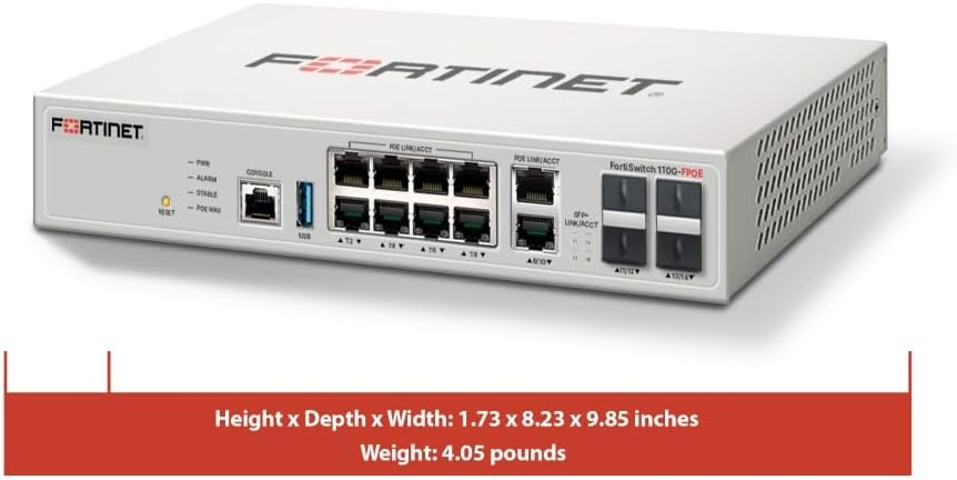 Fortinet FS-110G-FPOE 8-Port Gigabit PoE+ Switch | 8x PoE+ Ports 150W Total Budget, 2x SFP Slots, Layer 2 Managed, Rack-Mountable