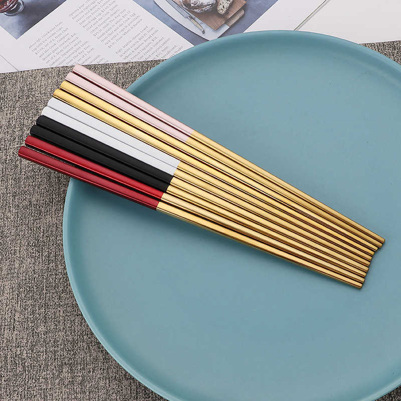 Stainless Steel Square Chopsticks Household Titanium Plated Colorful Gold Insulated Chopsticks