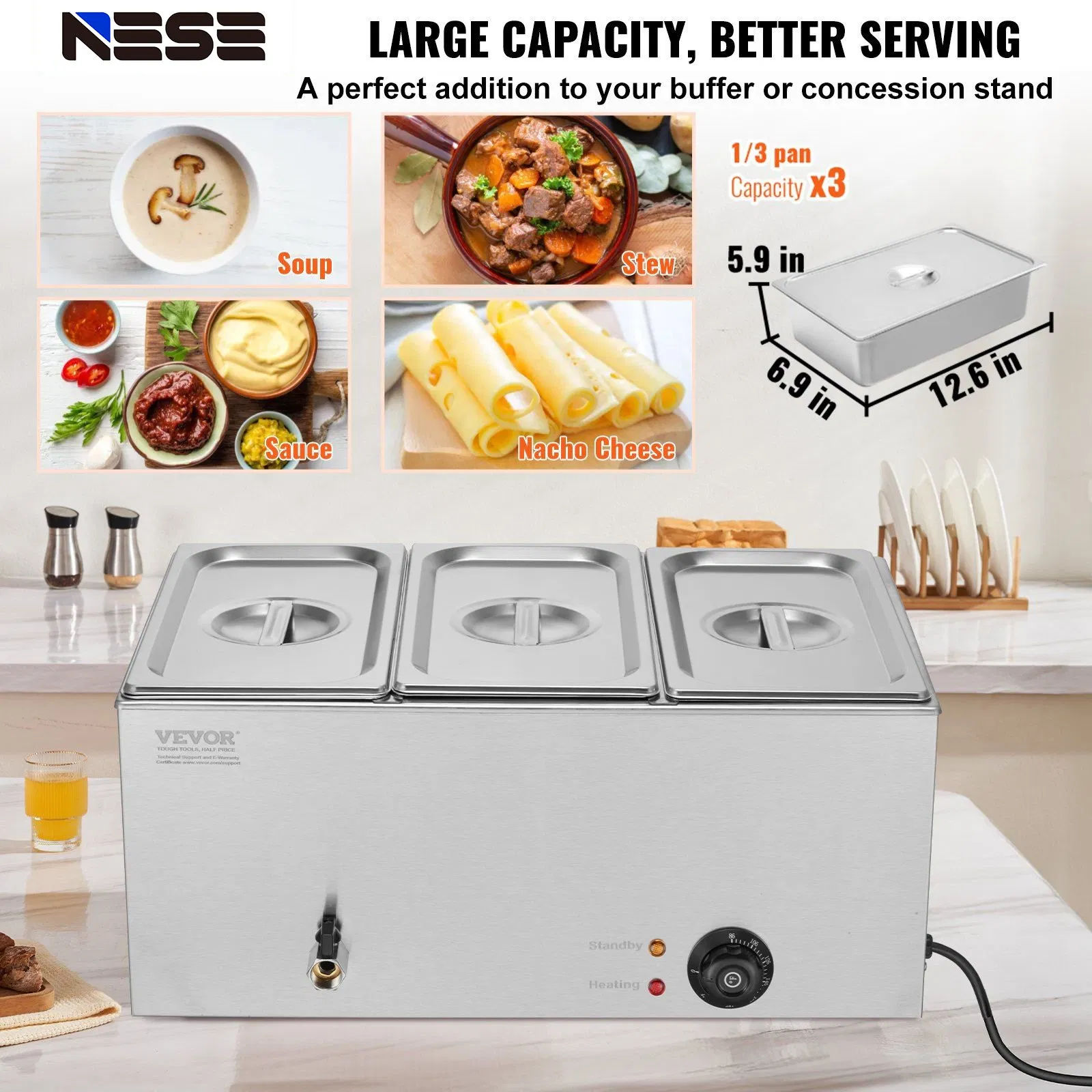Stainless Steel Electric Food Warmer, Professional Catering Warmer with 3 Pans