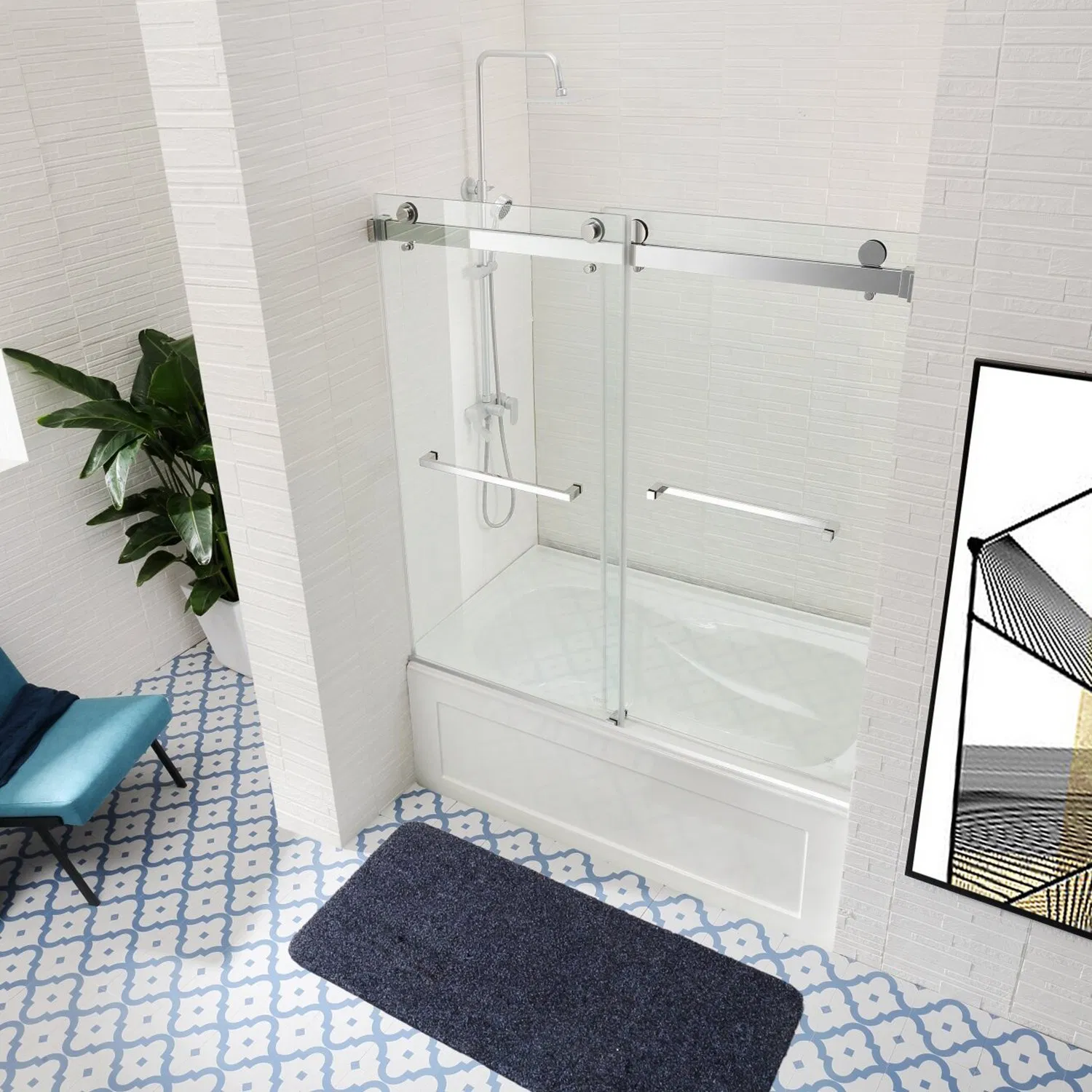 China Brushed Chrome Stainless Steel Shower Cabin Frameless Single Sliding Glass Shower Screen for Bath Tub
