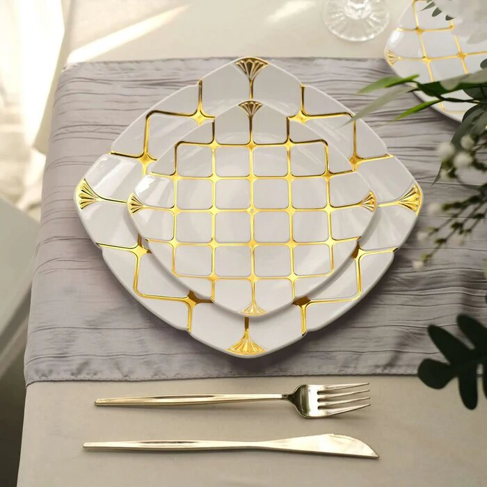 Elegant White Disposable 10" Square Dinner Plates with Gold Lattice