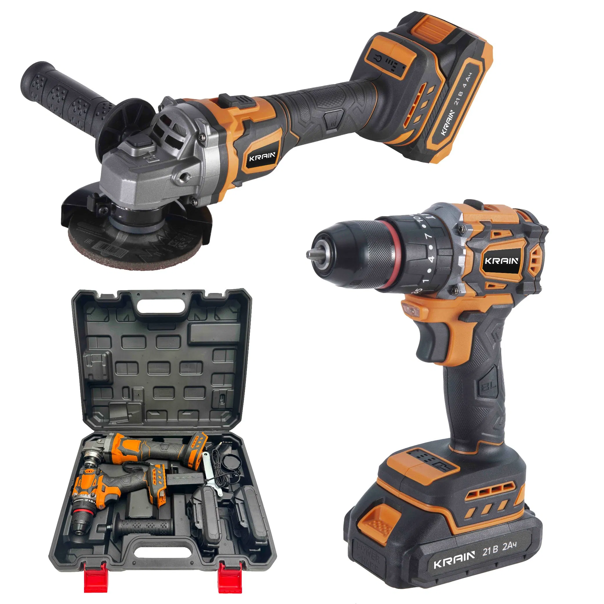 21V Cordless 13mm Drill Brushless115mm Angle Grinder Electric Power Tool Box Set