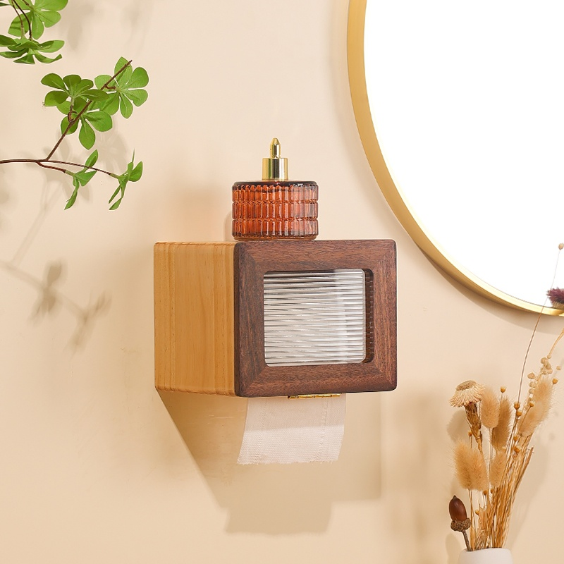 Wooden Box with Kitchen Tissue and Toilet Paper Roll Dispenser Combo