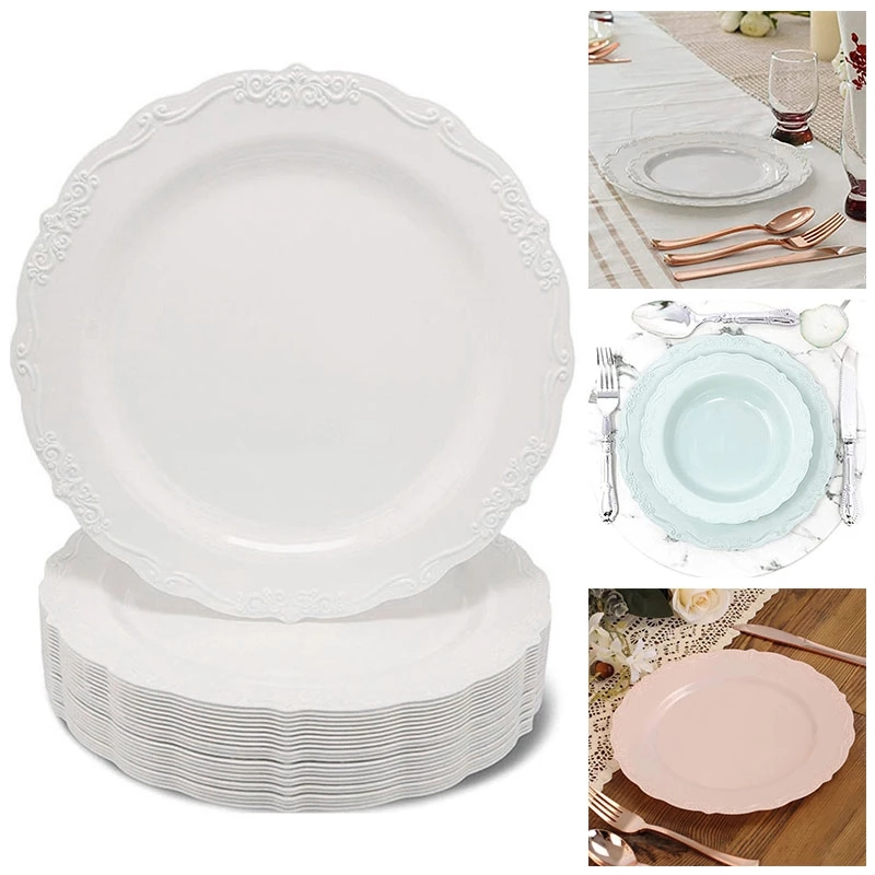 Set of Disposable European Porcelain Dinner Plate 7.5/9/10.25 Inch Color Hard Plastic Disc Lace Plate Tableware Party Wedding