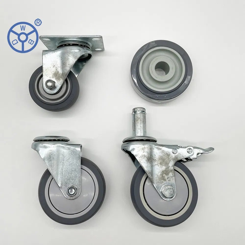 Gray 3 4 5 Inch TPR Rigid Swivel Castor Threaded Stem Caster Wheel with Stopper
