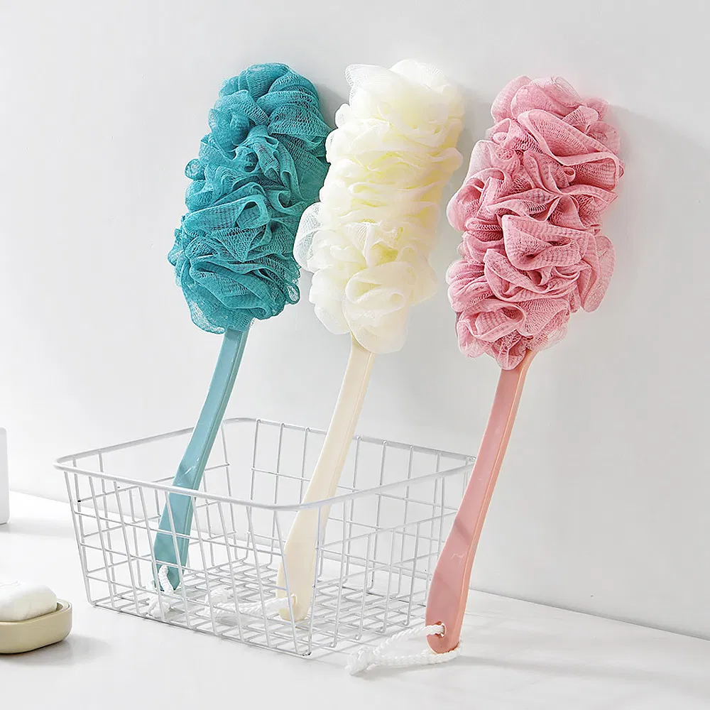 Skin Exfoliating Long Handle Body Back Soft Bath Shower Brush with Mesh Sponge
