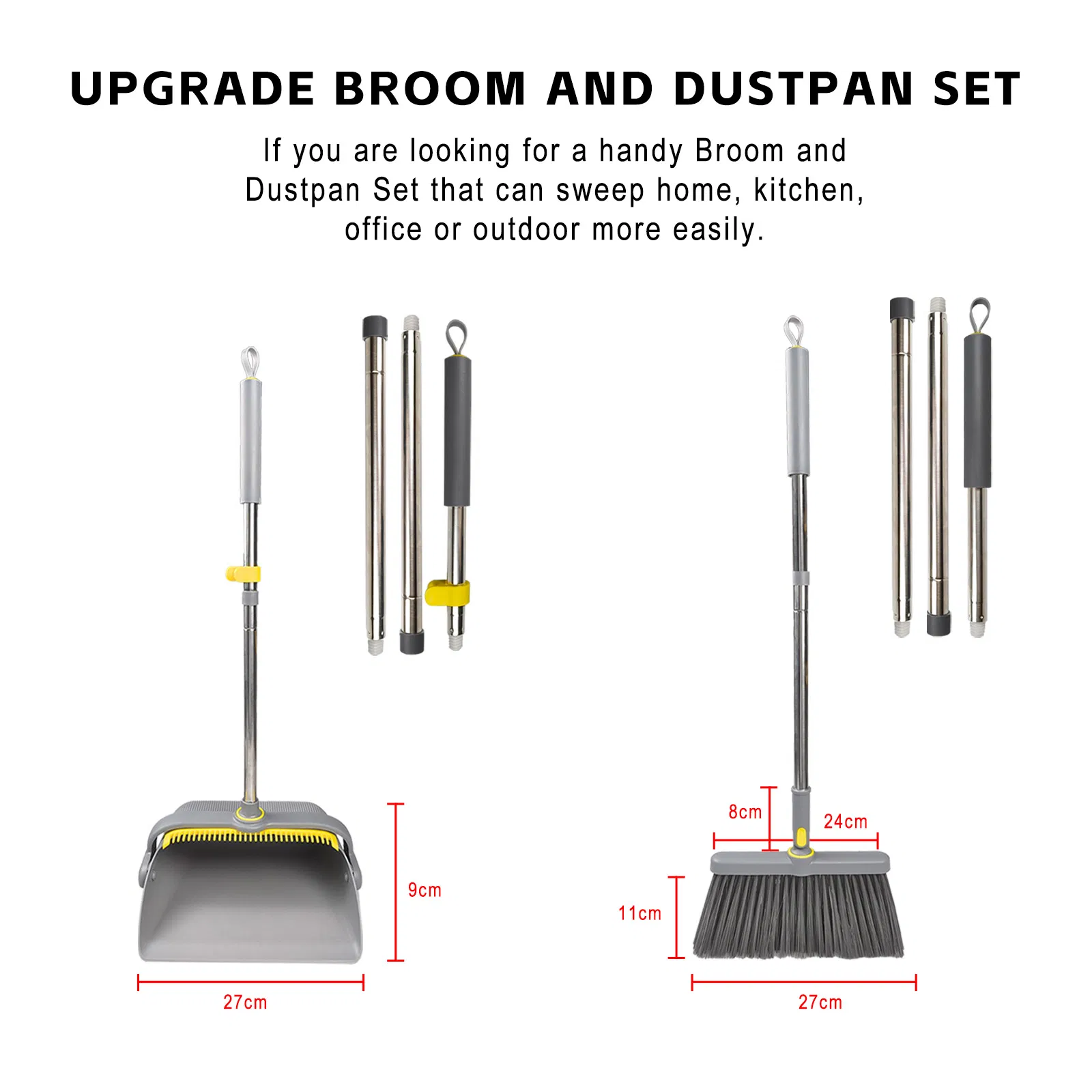 Long Handle Broom and Dustpan Set Adjustable Handle Dust Pan Teeth